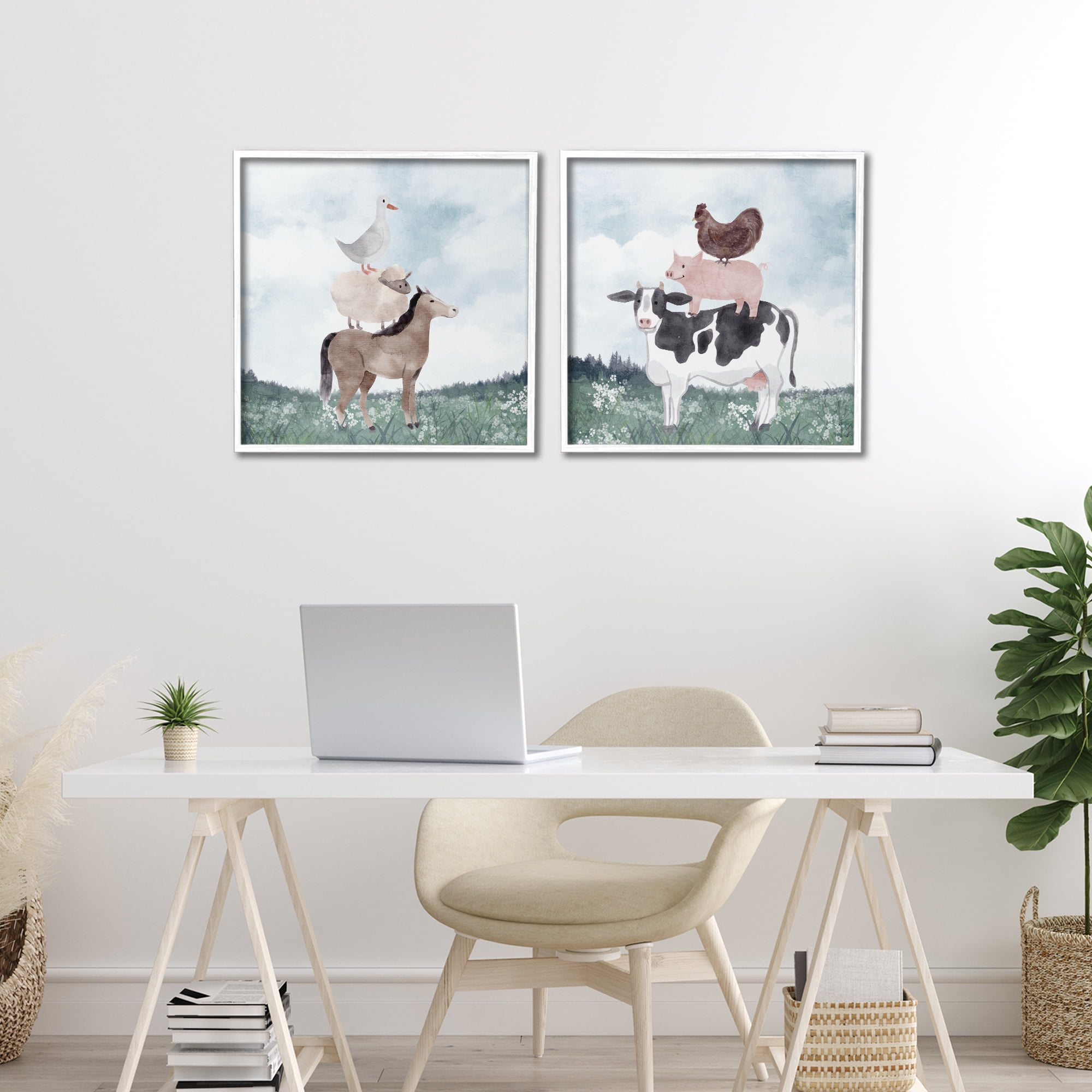 Stupell Industries Stacked Animals Blue Sky Farm 2 Piece White Framed Giclee Art Set, design by Kim Allen