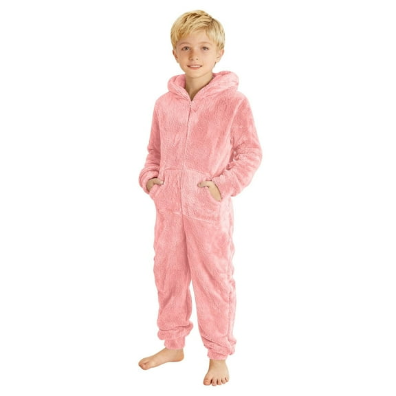 BFHHYA Boys' Fleece Onesie Sleepwear Soft Fuzzy Full Zip Hooded Jumpsuit Sleepwear Long Sleeve Loungwear with Pockets for Home Wear