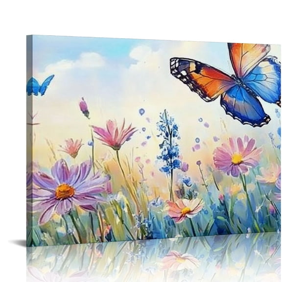 FCXZI Butterfly Wall Decor for Living Room Bathroom Colorful Wildflower Wall Art Daisy Poppy Flowers Canvas Prints Watercolor Floral Paintings Botanical Artwork for Bedroom Home Decorations  16x12in