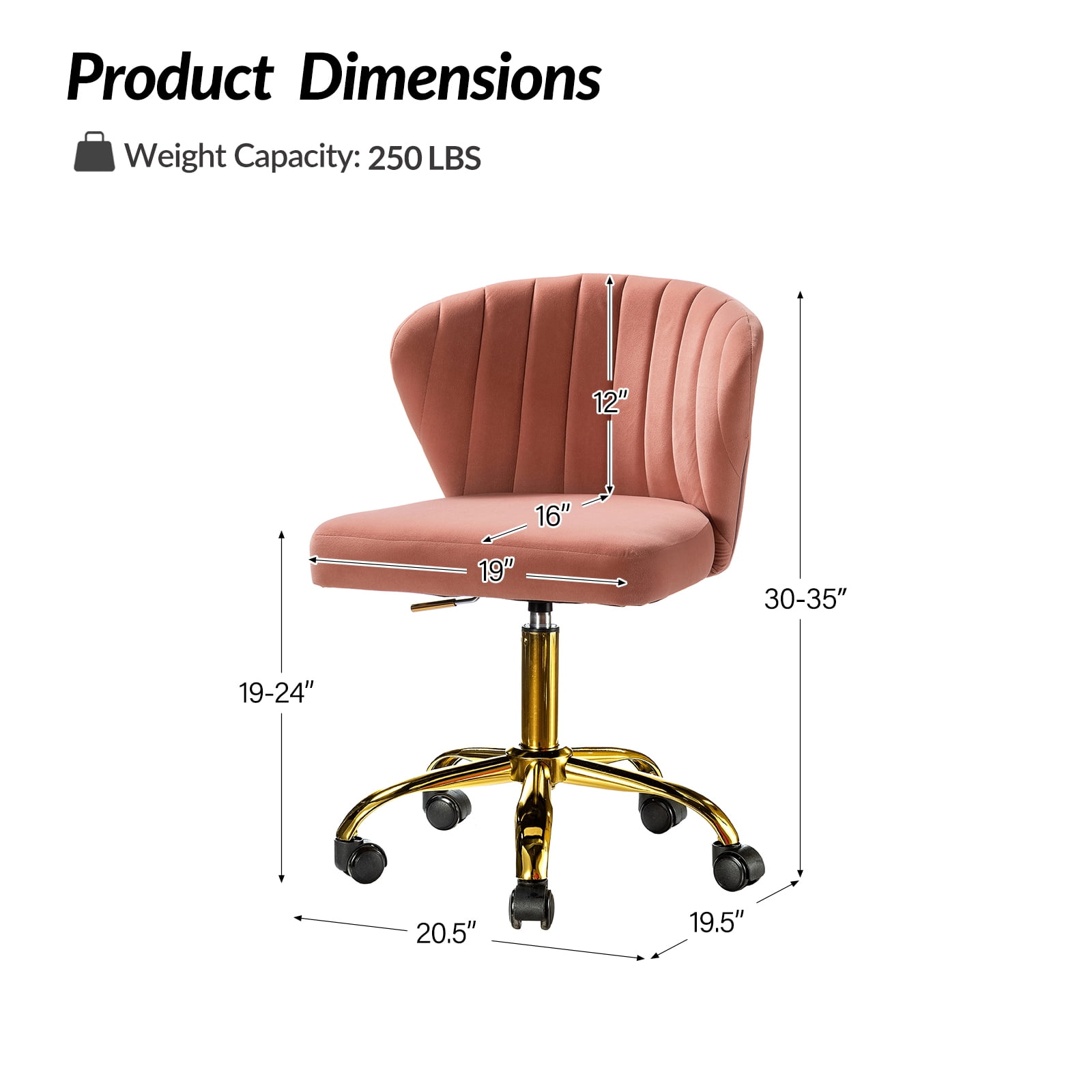 Tina's Home Pink Velvet Swivel Office Chair with Gold Legs, Adjustable Height Rolling Desk Chair for Vanity