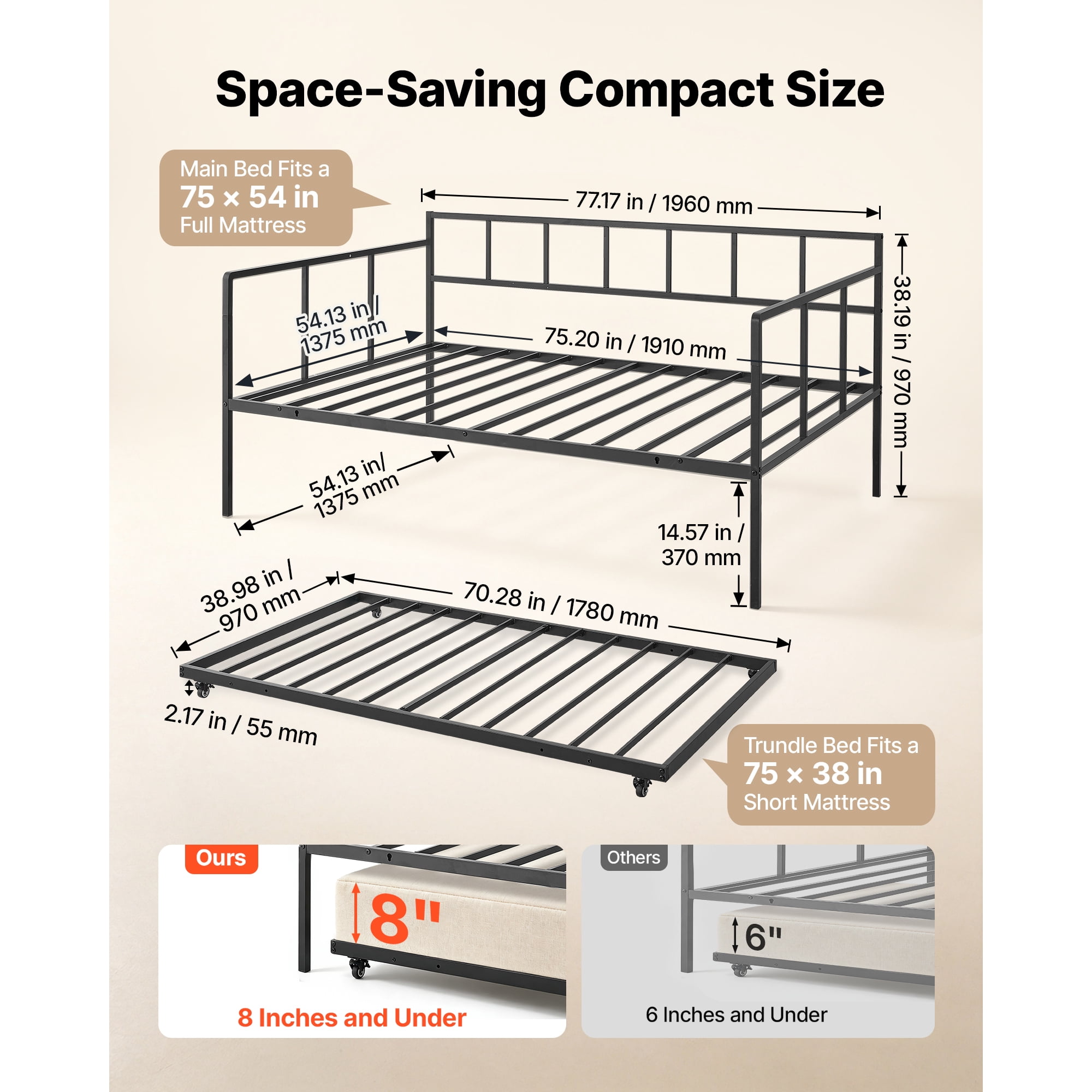 KFFKFF Full-Size Daybed with Pop-Up Trundle Twin Metal Frame, Ideal for Living Room, Bedroom, Durable Metal Construction, Space-Saving Design, Includes 2 Lockable Casters, Simple Assembly, Black