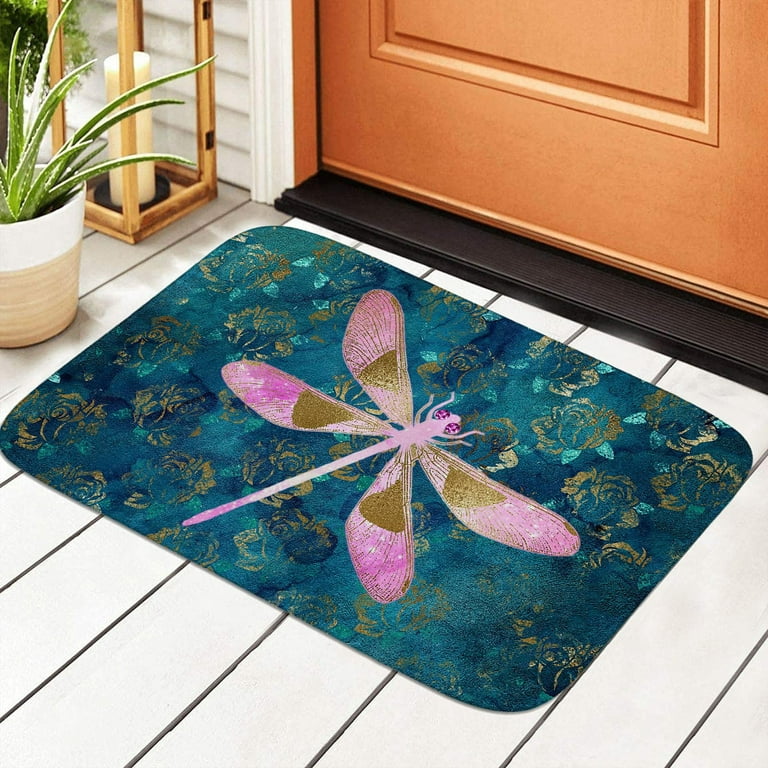 Pink Rose Gold Dragonfly Doormat,Decorative Door Mat,Indoor Outdoor  Non-Slip Floor Mat,Front Door Mat, Waterproof Washable Quickly Absorb  Moisture and Resist Dirt Rugs 23.6(L) X 15.7(W) 