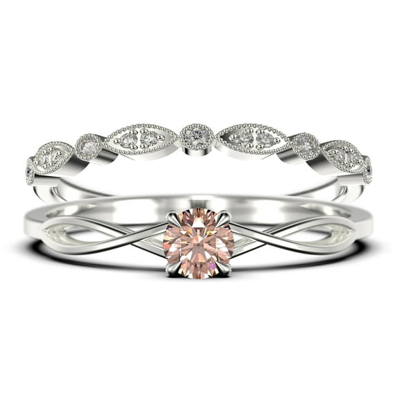 Infinity Loop 1.00 Carat Round Cut Morganite Engagement Ring, Twisted Wedding Band in 925 Sterling Silver With 18k White Gold Plating, Bridal Set, Matching Band, Anniversary