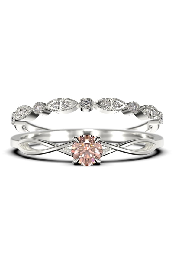 Infinity Loop Minimalist 1.00 Carat Round Cut Morganite Engagement Ring, Twisted Wedding Band in10k Solid White Gold, Promise Ring, Anniversary Gift, Bridal Set, Matching Band
