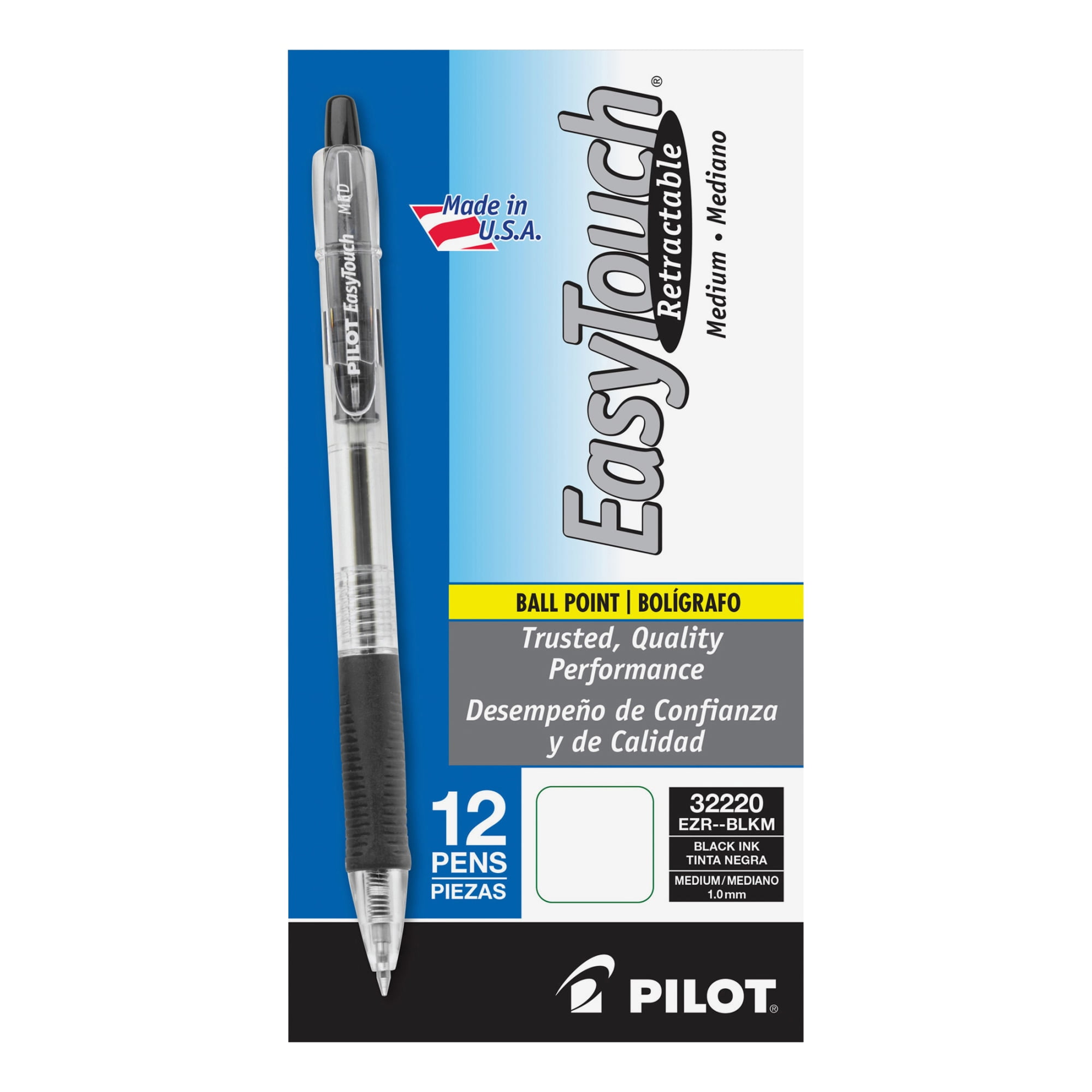 Pilot® EasyTouch Retractable Ballpoint Pens, Medium Point, 1.0 mm, Clear Barrel, Black Ink, Pack Of 12