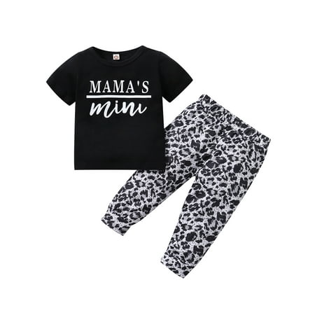 

Kucnuzki 2T Toddler Girl Summer Outfits Pants Sets 3T Short Sleeve MAMA S Mini Letter Prints T-shirt Tops Elastic Stylish Leopards Pants 2PCS Set Black