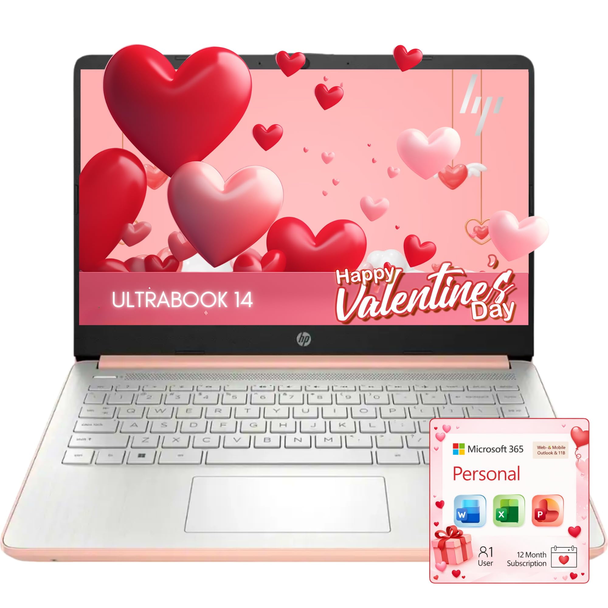 HP Rose Gold Ultrabook Laptop with Microsoft Office 365, Intel 2-Core CPU, 1.1TB Storage (1TB OneDrive and 64GB SSD), 8GB RAM, Windows 11, No Mouse