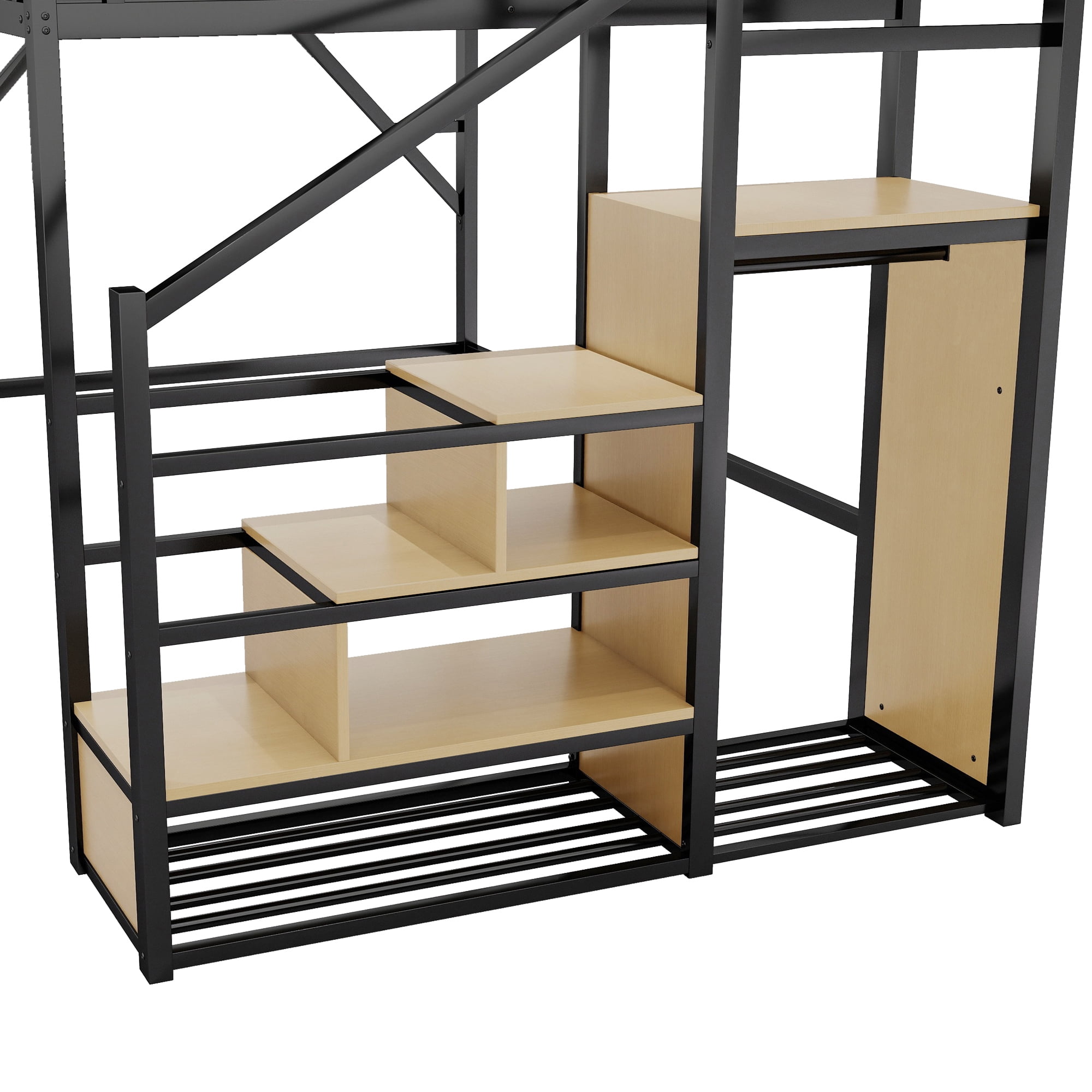 Leumius Queen Size Loft Bed with Wardrobe, Metal Queen Loft Bed with Storage Shelves, High Loft Bed with Stairs for Kids Teens Adults, Black