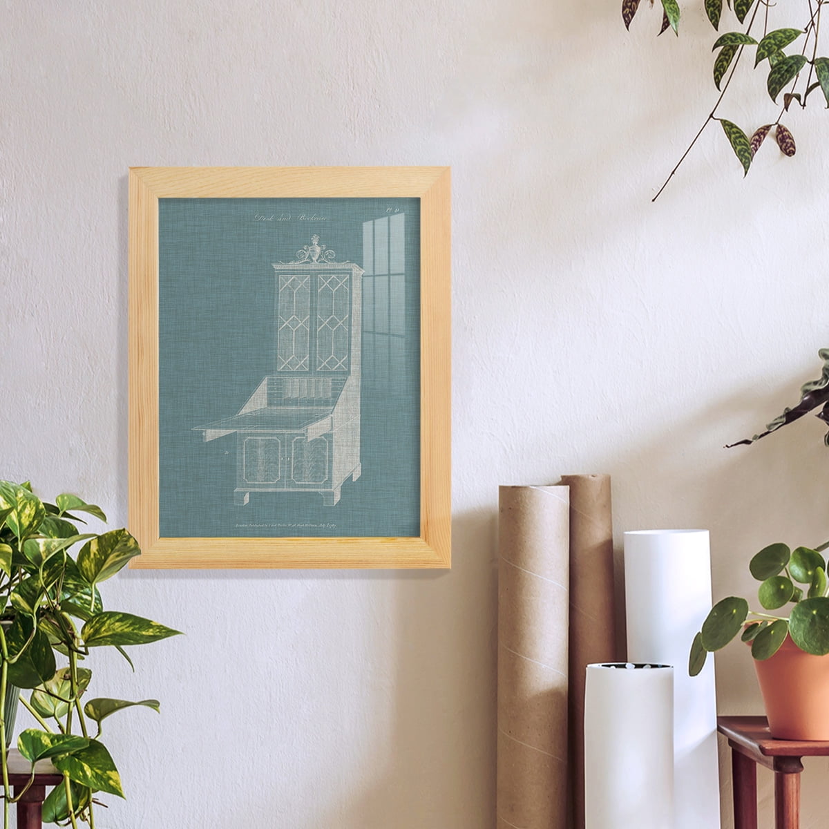 Hepplewhite Desk & Bookcase IV - Framed Print w/glass - Natural Wood