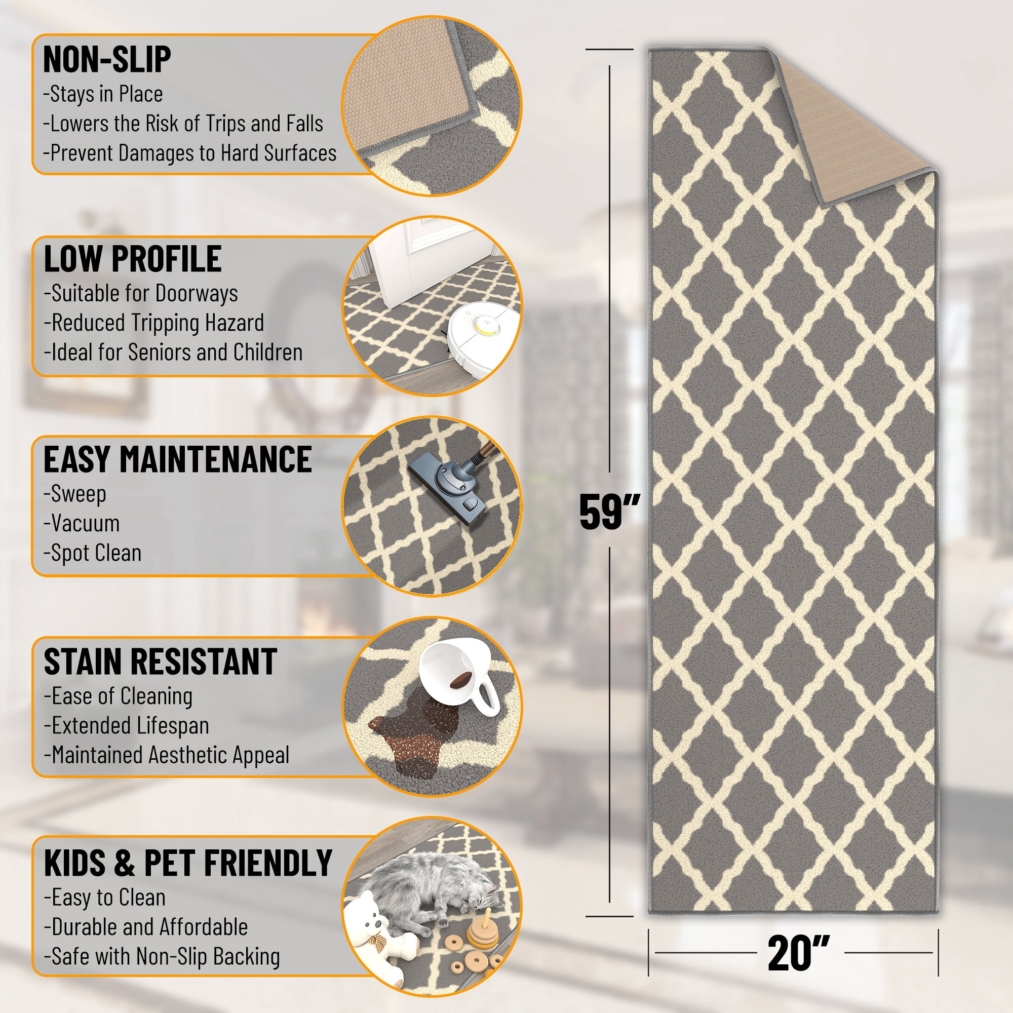 Ottomanson Trellis Bathroom Runner Rug 20" x 59" - Non Slip Low Pile Carpet, Gray
