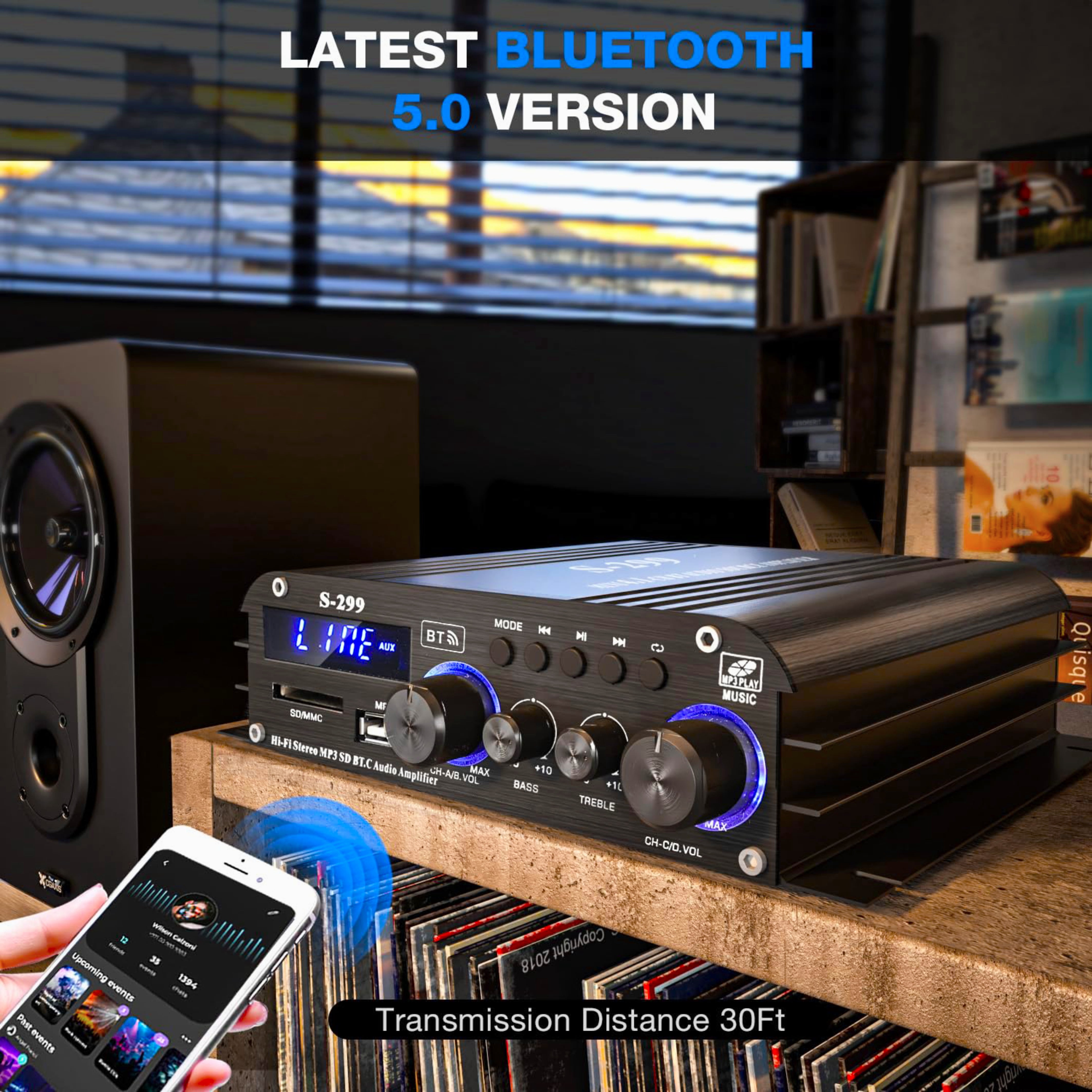 Blitzmax 800W Bluetooth Audio Power Amplifier, 4.1 Channel Support 2 Pairs Speakers 1 Subwoofer, Wireless HiFi Stereo Amplifier for Home & Car