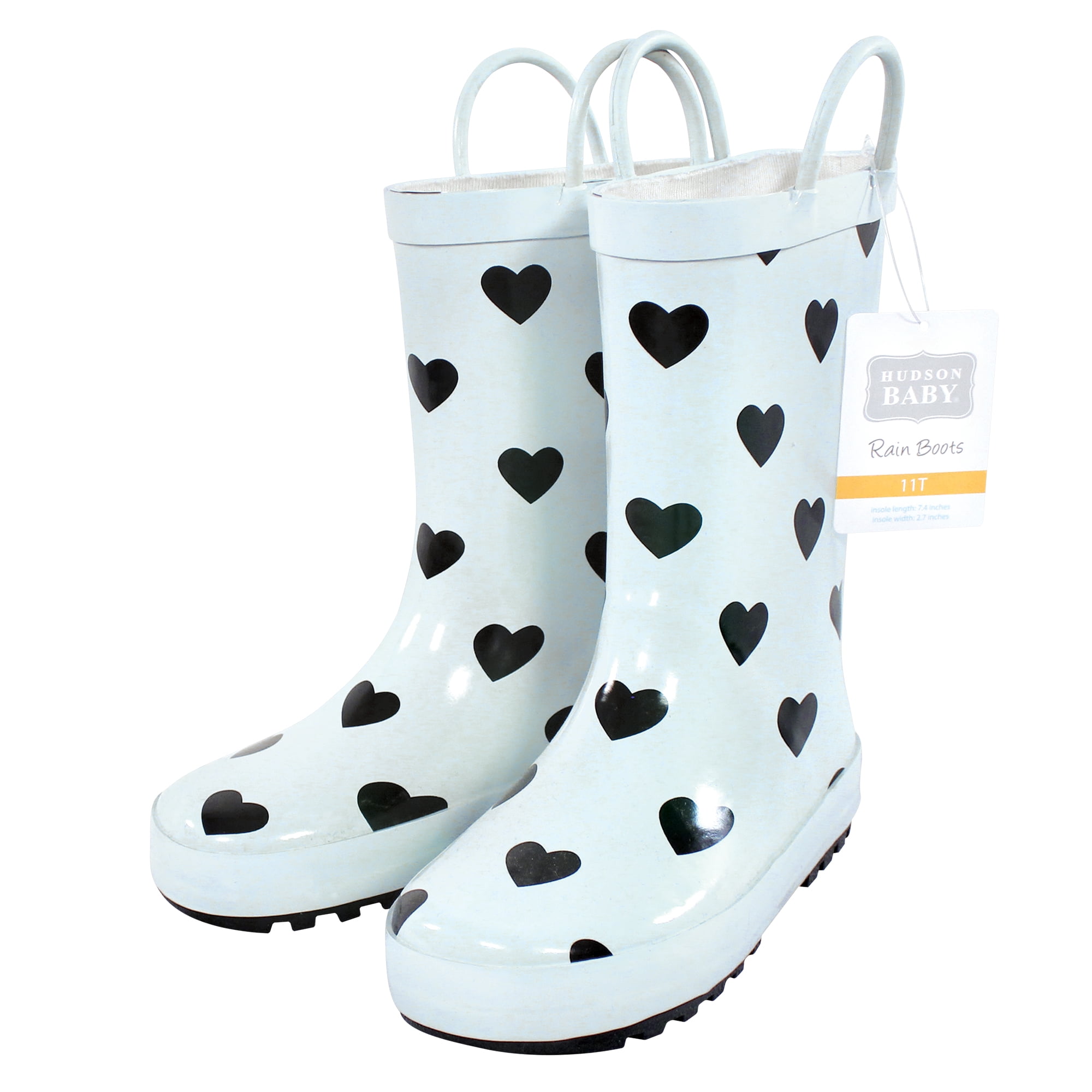 Hudson Baby Girls Rain Boots, Mint Black Heart, 6 Toddler