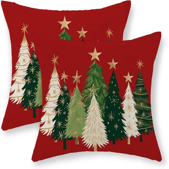 Christmas Pillow Covers - 18x18 Set of 2 Watercolor Christmas Tree Stars Pillowcase Decorations - Red Throw Pillows - Winter Holiday Farmhouse Decor - Linen Cushion Covers for Couch Home