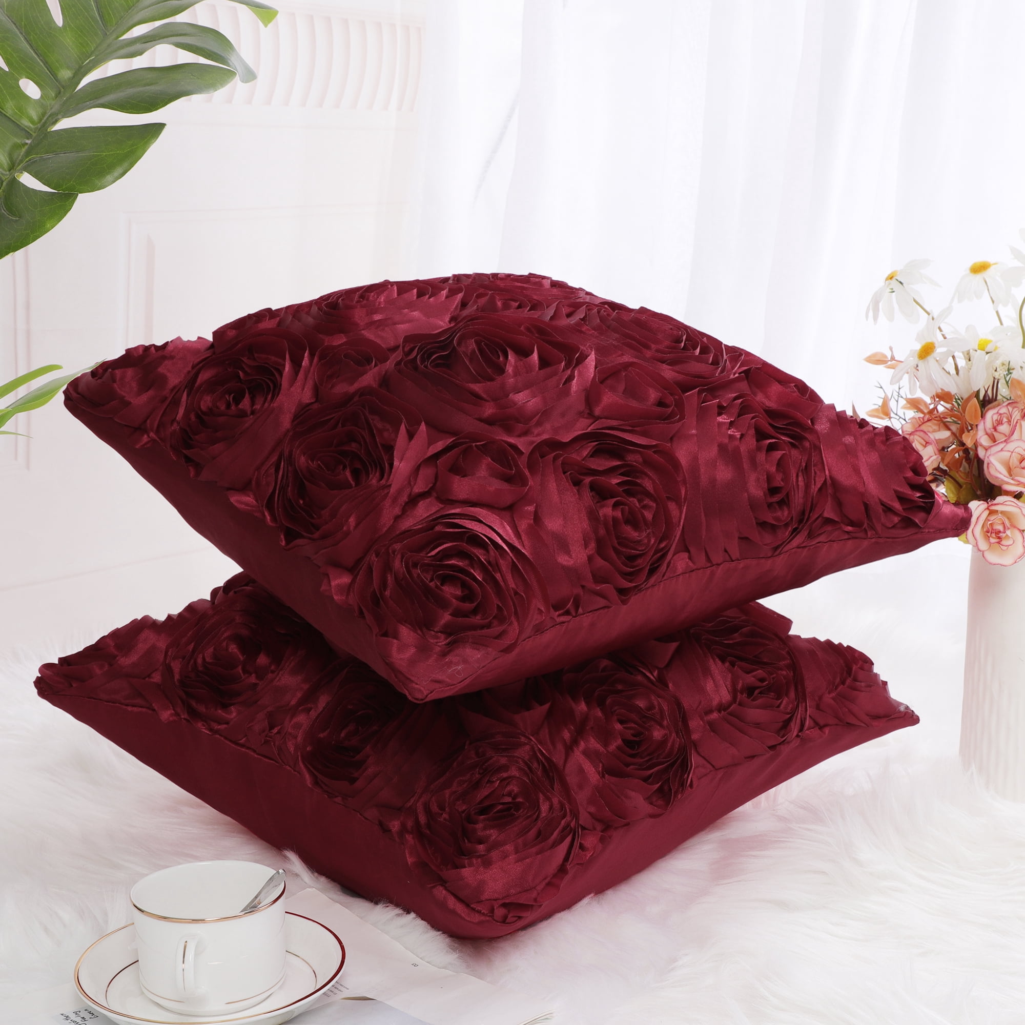 Unique Bargains 2-Pack 3D Flower Decorative Throw Pillow Covers 16" x 16" Burgundy
