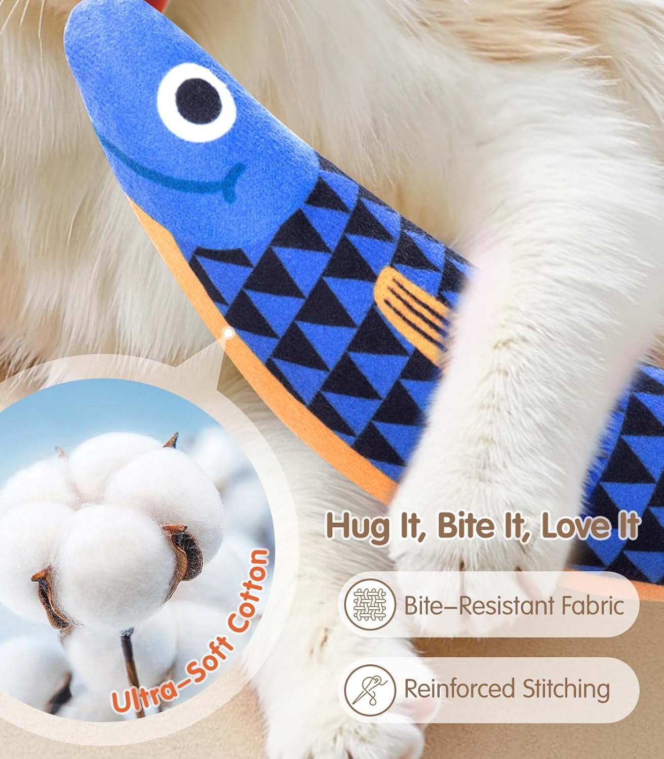 Cat Toys with[5000mg A+Natural Catnip &Silvervine] [Baby Grade] Interactive Soft Chew Kicker Cat Toys for Indoor Cats & Kittens, [Crinkle &Bell] Fish Sound Toy, Drives Bored Cat Crazy with Fun