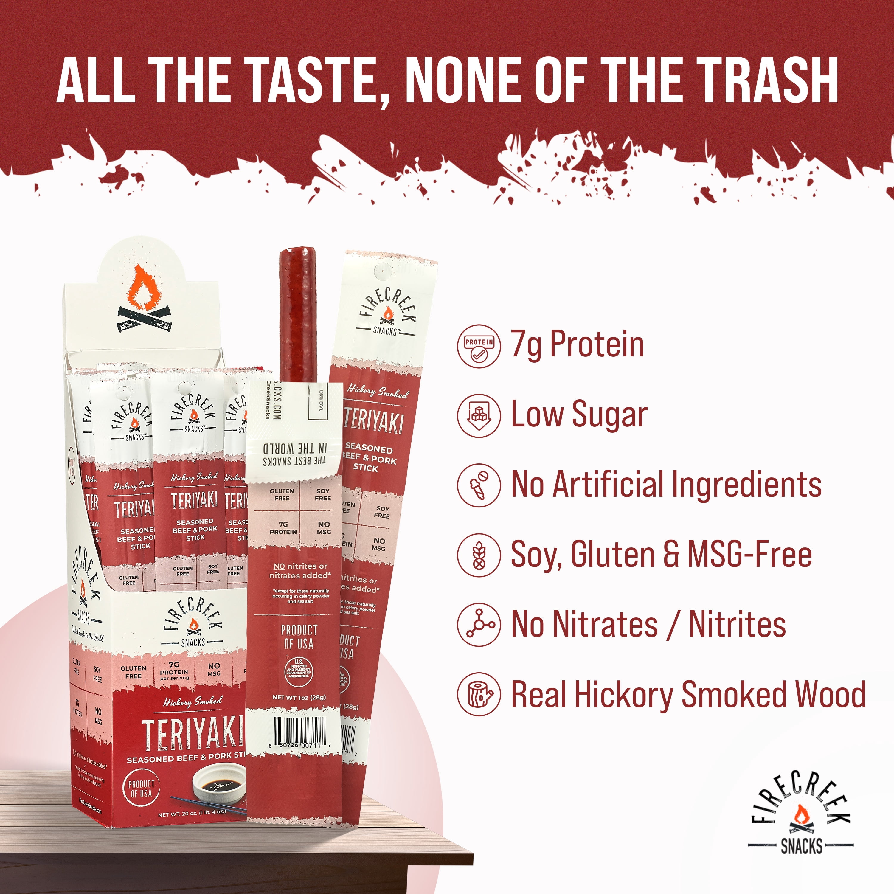 FireCreek Snacks Teriyaki Beef and Pork Meat Sticks, High Protein, Low Carb, Gluten Free (Box of 20 - 1oz Ea.)