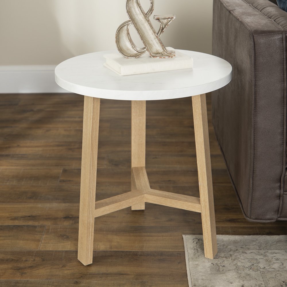 MidCentury Modern Round White Marble/Light Oak End Table by Manor Park