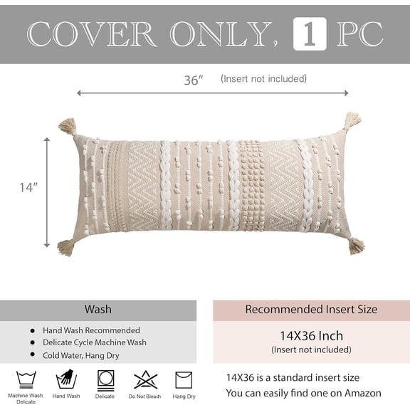 BlissBlush Cream Decorative Lumbar Throw Pillow Cover 14x36 Boho Long Cushion