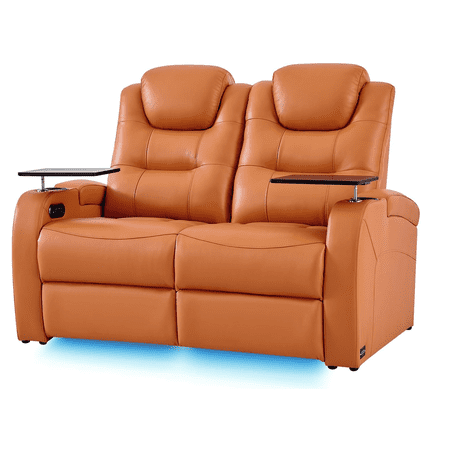 comfiroom Leather Home Theater Seating Seats, Simple Style Top Grain Leather Movie Theater Chairs Recliner Sofa with Tray Table Type-C USB Charger (Orange, Row of 2 Loveseat)