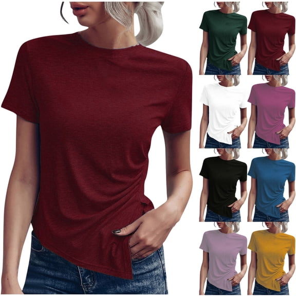 Dagugfen Womens Tshirts Side Ruched Split Crew Neck Short Sleeve Slim Fitted Comfy Casual Going out Tops
