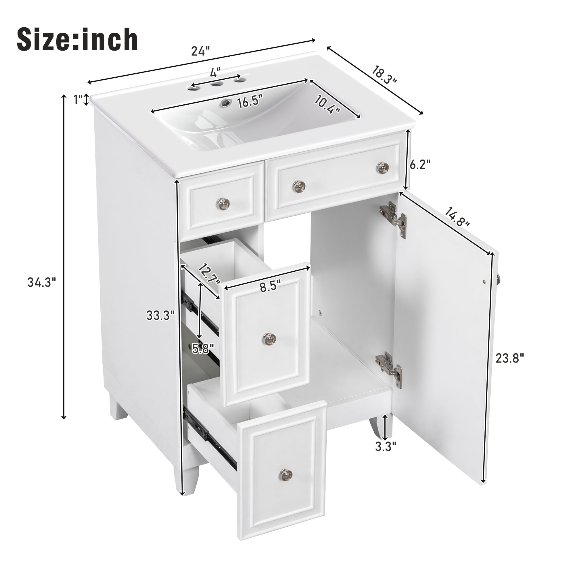 EUROCO Bathroom Vanity with Ceramic Sink, 24" Freestanding Bathroom Cabinet Vanity with 2 Drawers,Lager Storage,1 Door ,Solid Wood Frame Bathroom Vanities,White