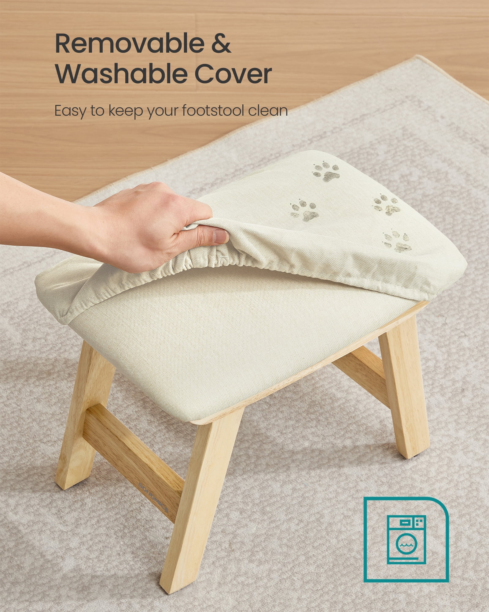 SONGMICS Foot Stool Ottoman, Padded Foot Rest Under Desk with Solid Wood Frame, Removable Cover, Summer Sand and Natural Beige