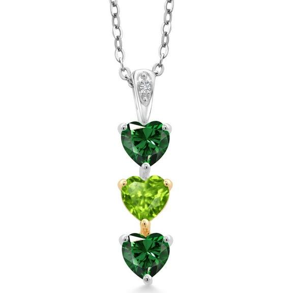 Gem Stone King Keren Hanan Lab Grown Diamond 3 Stone Heart Shape Pendant Necklace with Chain 1.51 Ct Green Nano Emerald Green Peridot 925 Silver and 10K Yellow Gold