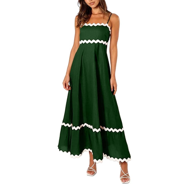 WTXUE Robes Maxi en Liquidation, Robe Nuisette Sans Manches Élégante à Encolure Carrée, Femmes 2024 Été Encolure Dégagée à Étages Fluide Longue Unie Vestidos Casuales Para Mujer Verano Maxi Women, Vert+TG(US:14-16)