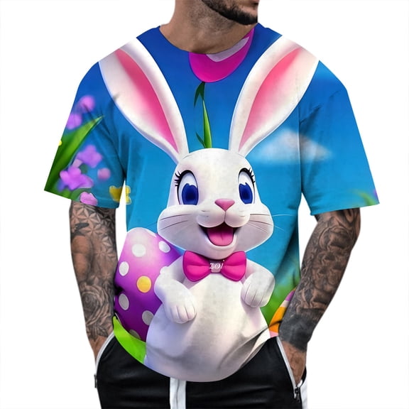 Mens Easter T Shirts Theme Print Short Sleeve Round Neck Floral Trend Bottoming Mens New Clothing,Grey,L