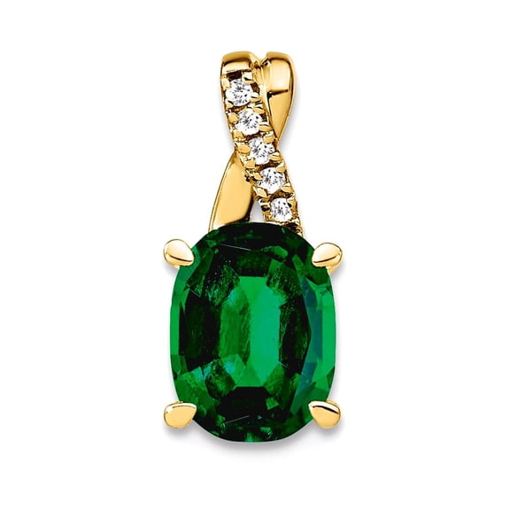 6.25mm 10k Solid Yellow Gold Oval Created Emerald and Diamond Pendant Necklace Pendant for Women