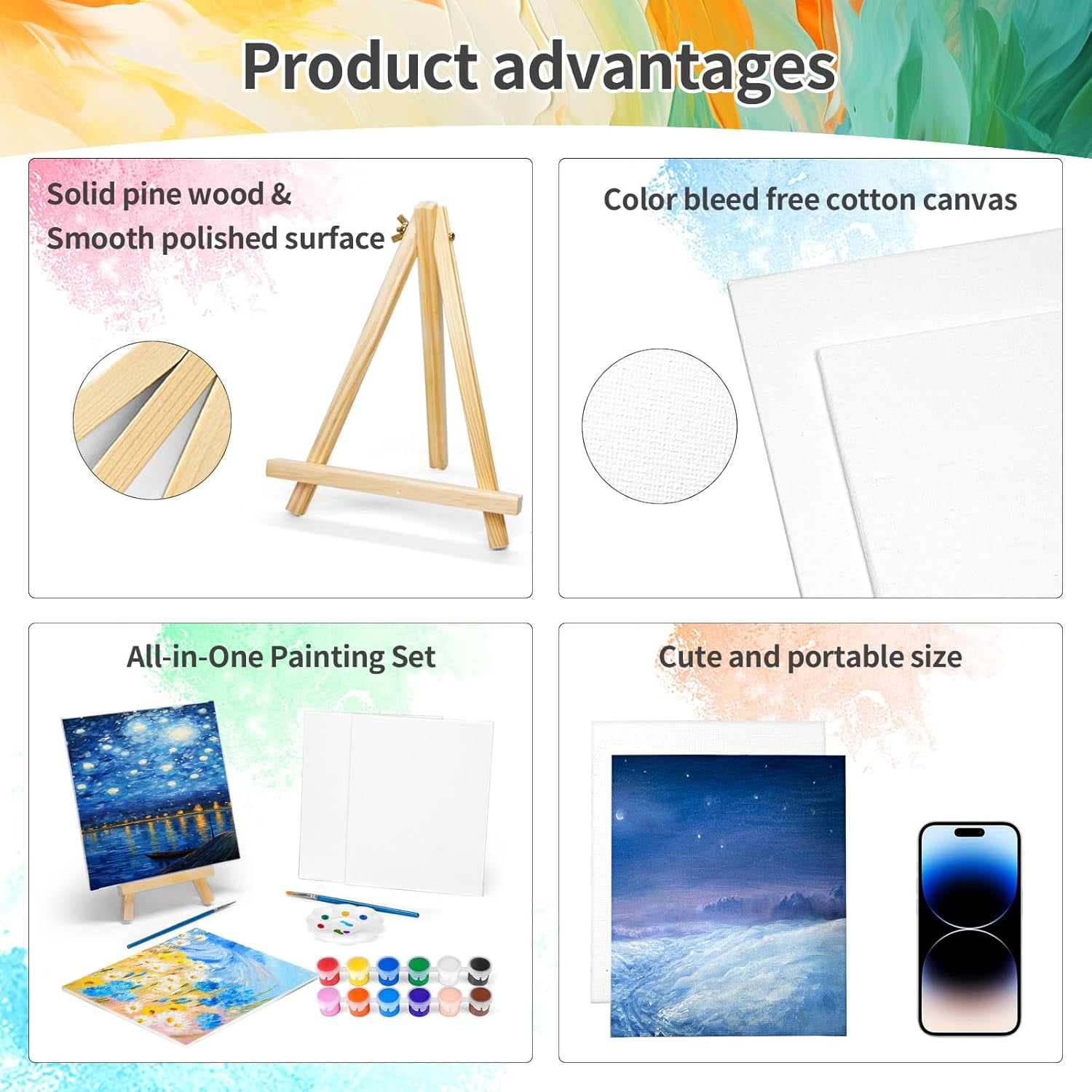 16 Pack 8 * 10In Canvas Boards for Painting, Art Canvas for Drawing with 32 Brushes & 16 Paint Trays & 32 Acrylic Paint, Mini Painting Canvas with Easel Set, Painting Kits for Adults & Kids Party