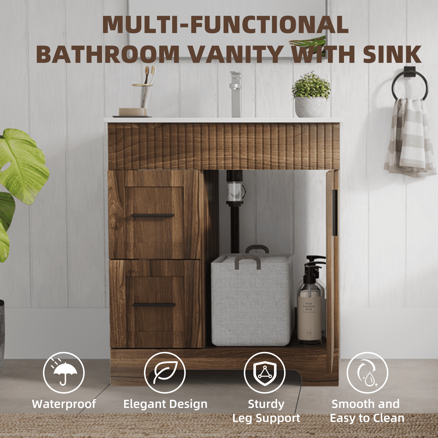 Erinnyees 30" Wooden Freestanding Bathroom Vanity with Ceramic Sink, Walnut Cabinet Featuring a Door & 2 Spacious Drawers