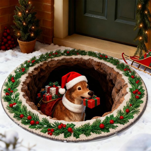 Christmas Circular Carpet Stereoscopic Visual Effect Entrance Door Mat Household Absorbent Nonslip Foot Mat Dirt Proof Mat Bathroom Nonslip Mat Size 15.75in