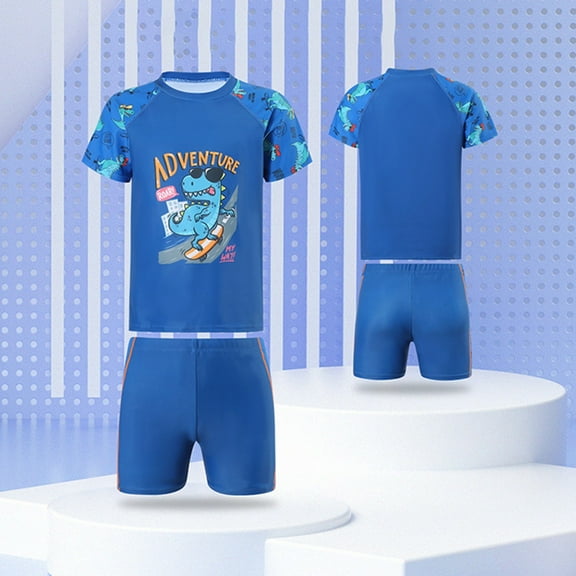Toddler 2 Piece Swimwear Set Dinosaur Print Short Sleeved Top And Shorts Fashion Cartoon Swimwear Blue -