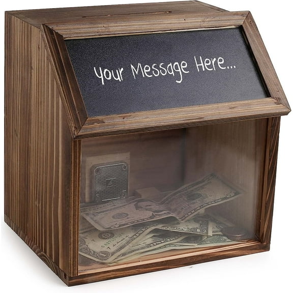 Burnt Wood Suggestion and comment Ballot Box Charity Donations Collection Box Wood countertop Register tip Jar with Black Chalkboard and wide slot, lock and set of keys