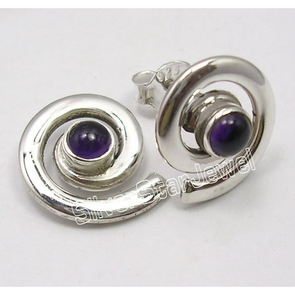 SilverStarJewel 925 Solid Silver Purple Amethyst Spiral Art Studs Post Earrings 1.4 CM 4.1 Grams