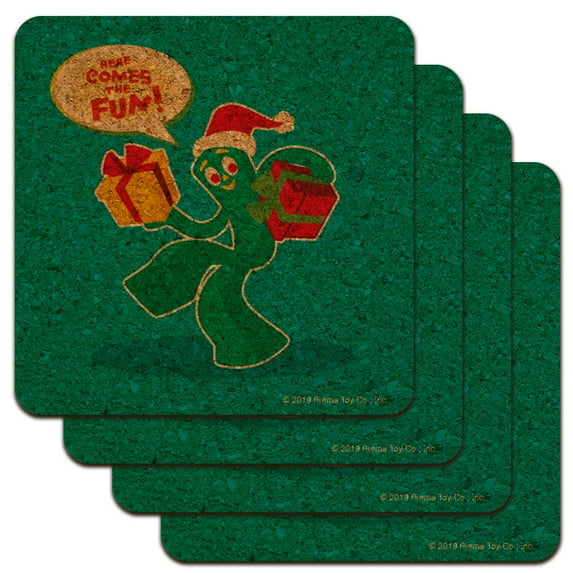 Gumby In Santa Hat With Gifts Here Comes The Fun Low Profile Novelty Cork Coaster Set