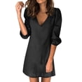 thumbnail image 2 of YMNXA Womens Summer Dress 3/4 Sleeve V Neck Solid Color Comfortable Stylish Relaxed Fit Dresses For Casual Daily Wear,Black,L, 2 of 8