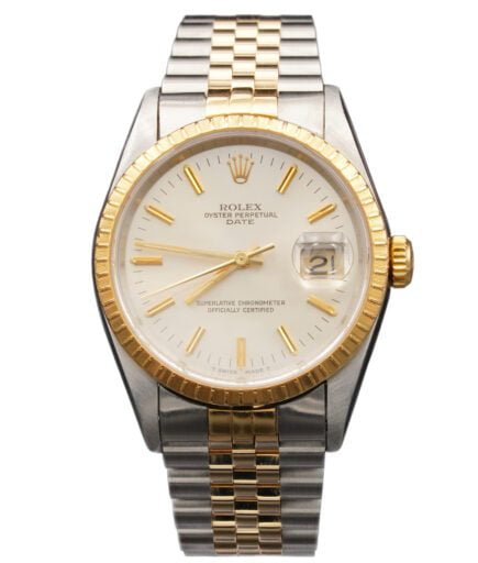 Pre-Owned Mens Rolex Date 18K Gold Stainless Steel Watch Silver Gold Stick Dial 15223