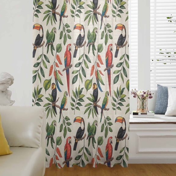 Farmhouse Parrots Semi Sheer Curtains Drapes for Living Room,Bedroom,French Doors Window 96 Inches Long,Spring Summer Botanical Leaves Burlap Rod Pocket Chiffon Curtain Drapery Voile Draperies Panel