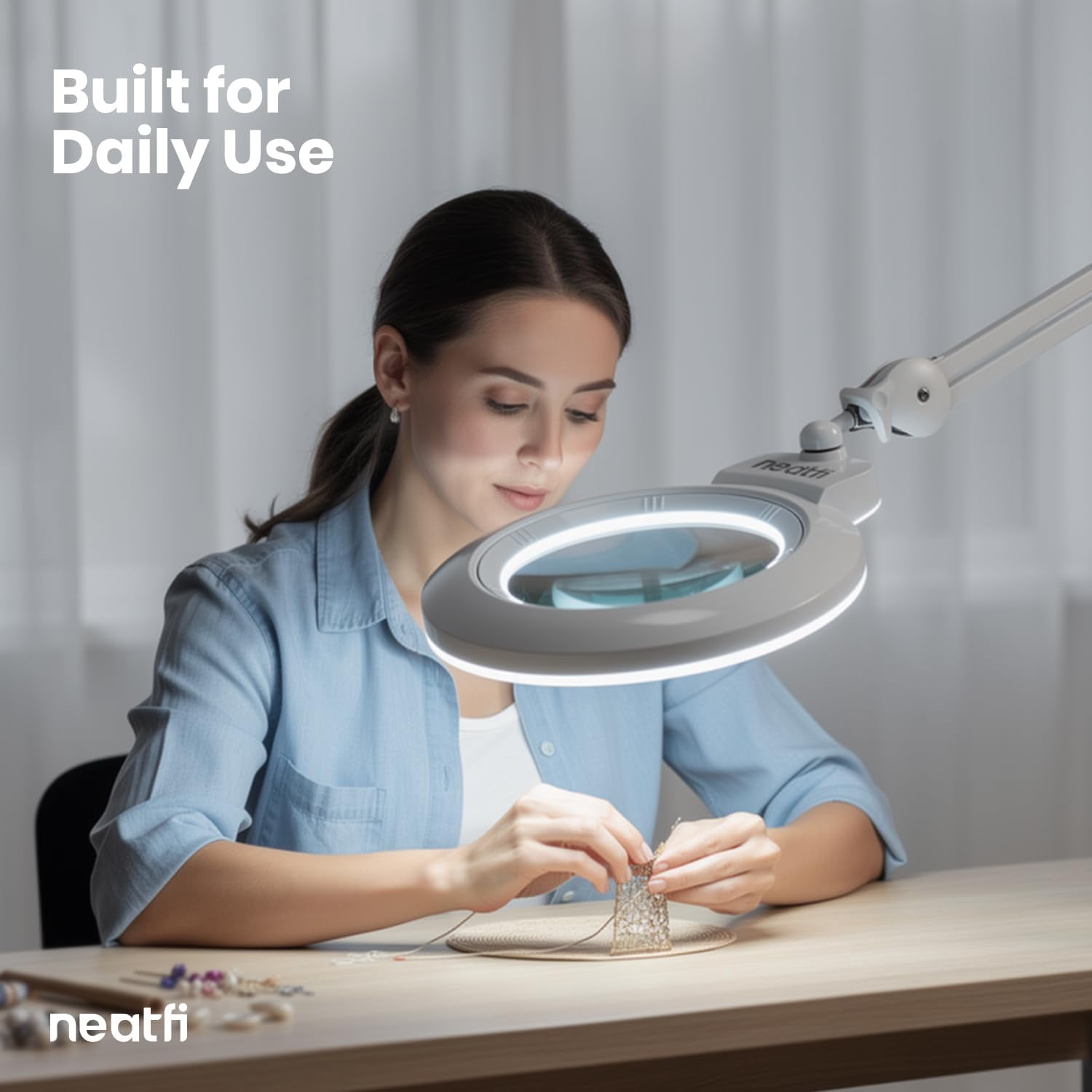Neatfi Professional LED Magnifying Lamp with Clamp, 1600 Lumens, Dimmable, Adjustable Arm, Magnifier Light for Sewing, Crafts, Reading & Hobby Projects, White