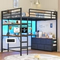 thumbnail image 6 of Full Loft Bed with Desk & Led Lights & Charging Station, Metal Full Size Loft Bed with 7 Storage Drawers & Open Shelves, Full-Length Guardrail and Ladders, Black, 6 of 10