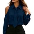 thumbnail image 3 of Cold Shoulder Shirts for Womens Solid Color Turndown Collar Casual Shirt Long Sleeve Dressy Top with Tie Navy M, 3 of 9