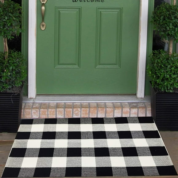 Cotton Buffalo Check Rugs Front Porch Rug Doormat 2' x 3' Plaid Rug Outdoor Buffalo Checkered Throw Rug Black and White Farmhouse Checkered Door Mat Washable Woven Mat (23.6"x35.4", Checkered Black)