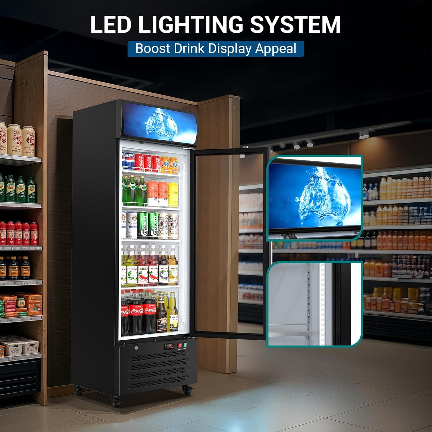 Ecojoy Commercial Beverage Refrigerator 14.8 Cu Ft, Commercial Display Fridge with Glass Door & Front LED Light for Stores, Restaurant, Office