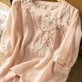 thumbnail image 3 of Women's Floral Embroidery Linen Shirts 3/4 Sleeve Round Neck Babydoll Tops Blouses, 3 of 6