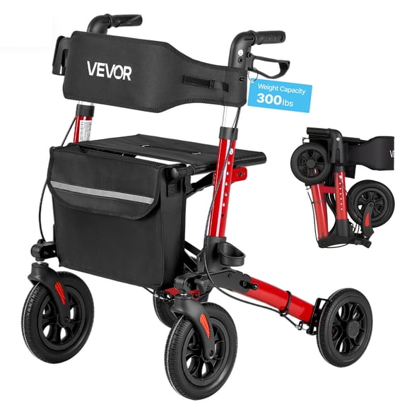 VEVOR Rollator Walker with Seat for Seniors, Ultra Compact 3-Fold Rolling Walker, Lightweight Aluminum Mobility Walking Aid with PU Solid Wheels, Adjustable Handle, Cup & Cane Holder- Supports 300LBS