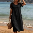 thumbnail image 3 of Dvprdro Crewneck Short Sleeve Cotton Linen Midi Dress for Women Side Pockets Loose A Line Summer Vacation Casual Solid, 3 of 7