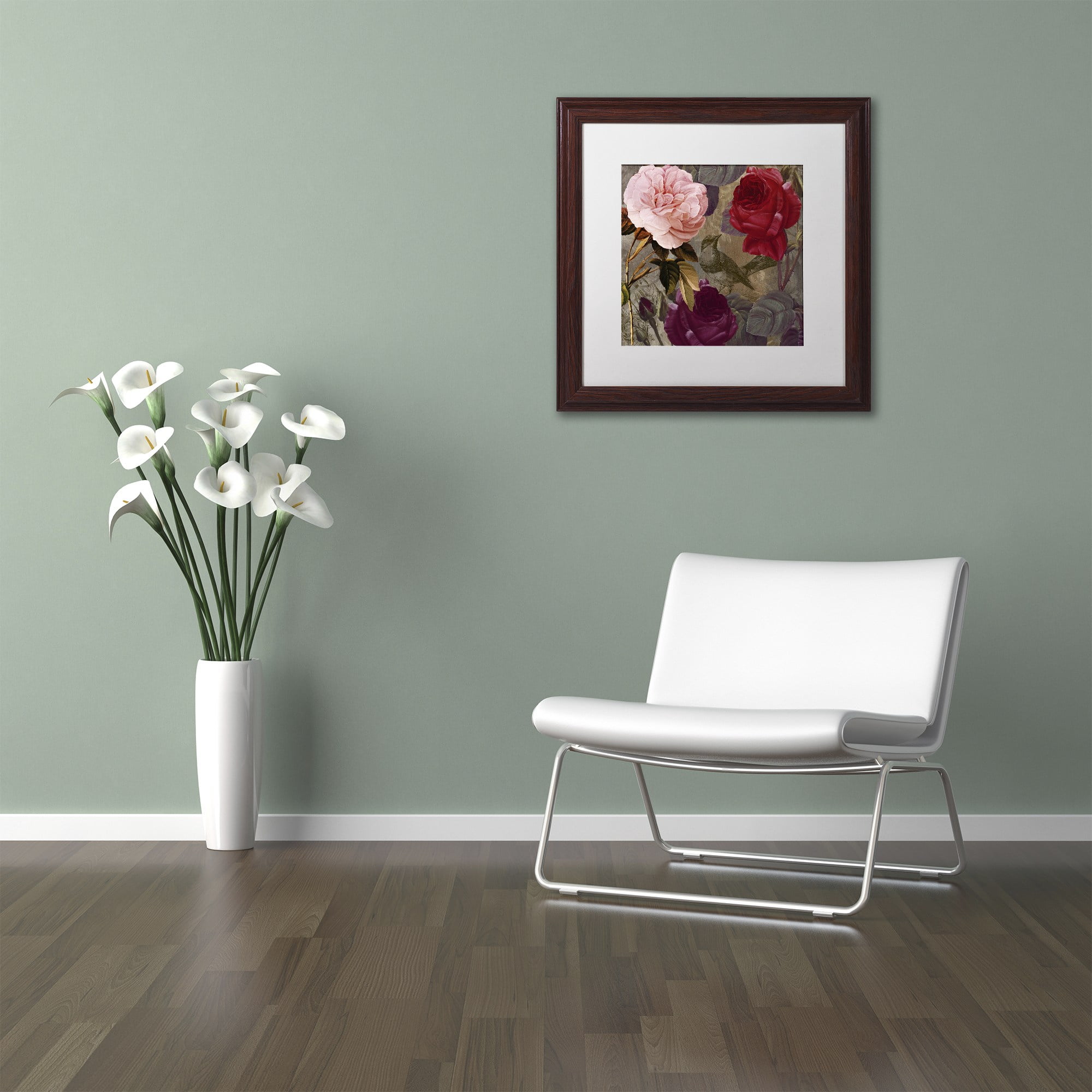 Trademark Fine Art "Birds and Roses" Canvas Art by Color Bakery White Matte, Wood Frame