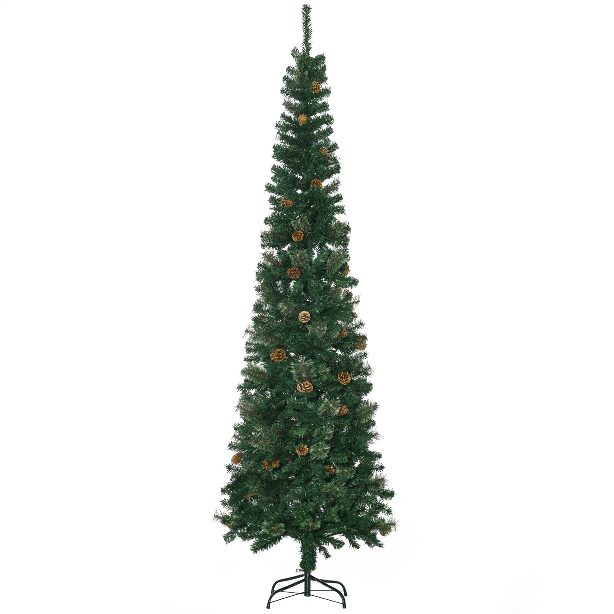 7.5 ft Pencil Artificial Christmas Tree, Slim Pine Needles with Realistic Branches, Pine Cones, Metal Base, 706 Tips, Indoor Holiday Decor
